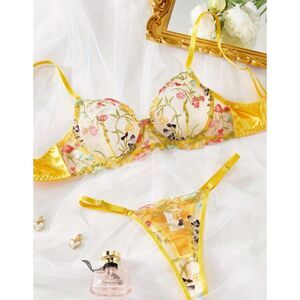 Medium Yellow Floral Embroidered Sheer Lingerie Set